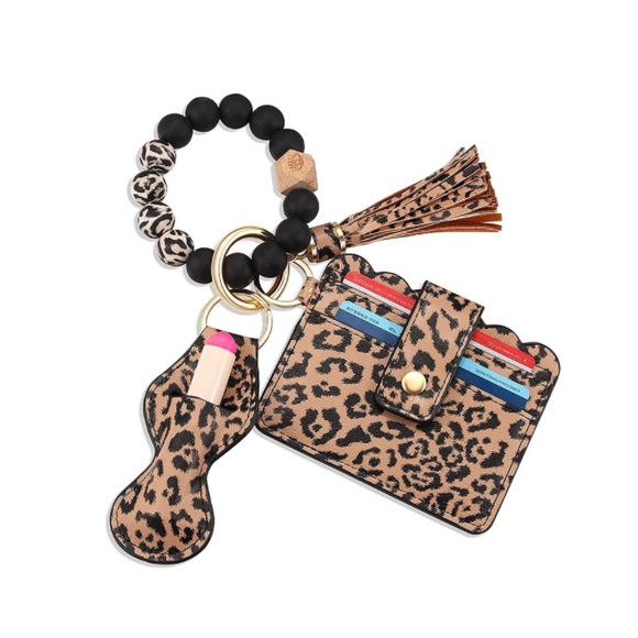 Accessories - Wristlet Keychain Bracelet Wallet, Silicone Beads Bangle Lipstick Holder Leopard